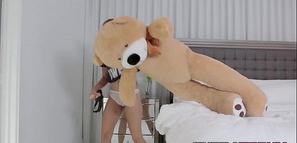  Ginger petite rides strapon teddy bear before riding cock